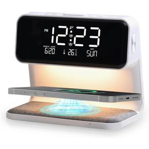 Alarm Clocks for Bedrooms,Wireless 15W Charging Station,Touch Adjustable 3 Level Brightness Bedside lamp,Alarm Clock for Heavy Sleepers,LCD Display withTemperature Display,Adapter and Charging Cable