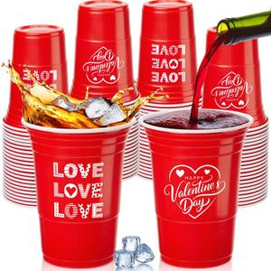Hushee 48 Pcs 16 oz Valentine's Day Plastic Cups Bulk, Heart Cups Red Love Pattern Disposable Cup, Red Love Design for Coffee, Beverage, Dinner, Wedding, Anniversary Romantic Party Supplies