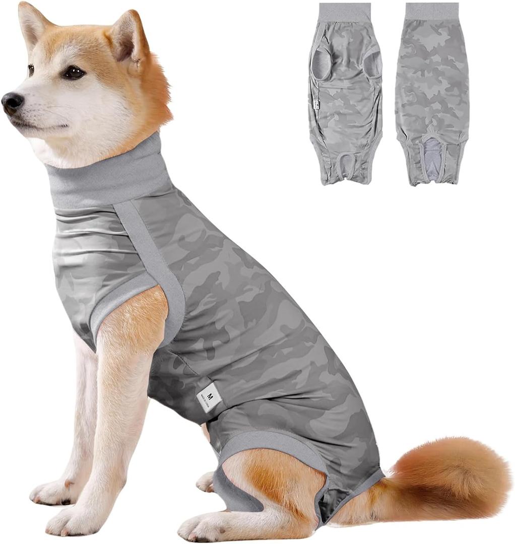 Coppthinktu Dog Onesie for Surgery Female, Breathable Dog Surgery Spay Recovery Suit, Dog Cone Alternative Anti-Licking, M Sizes, Pink, Polyester Blend (Grey)