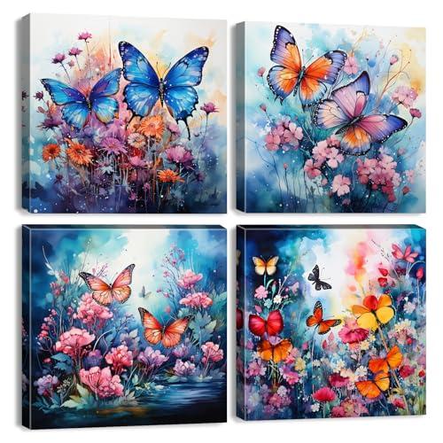 Butterfly Wall Art Colorful Flower Pictures Blue Abstract Butterfly Bathroom Wall Decor Nature Wildflower Canvas Prints Farmhouse Botanical Artwork Living Room Bedroom Home Decorations 12x12" 4Pcs