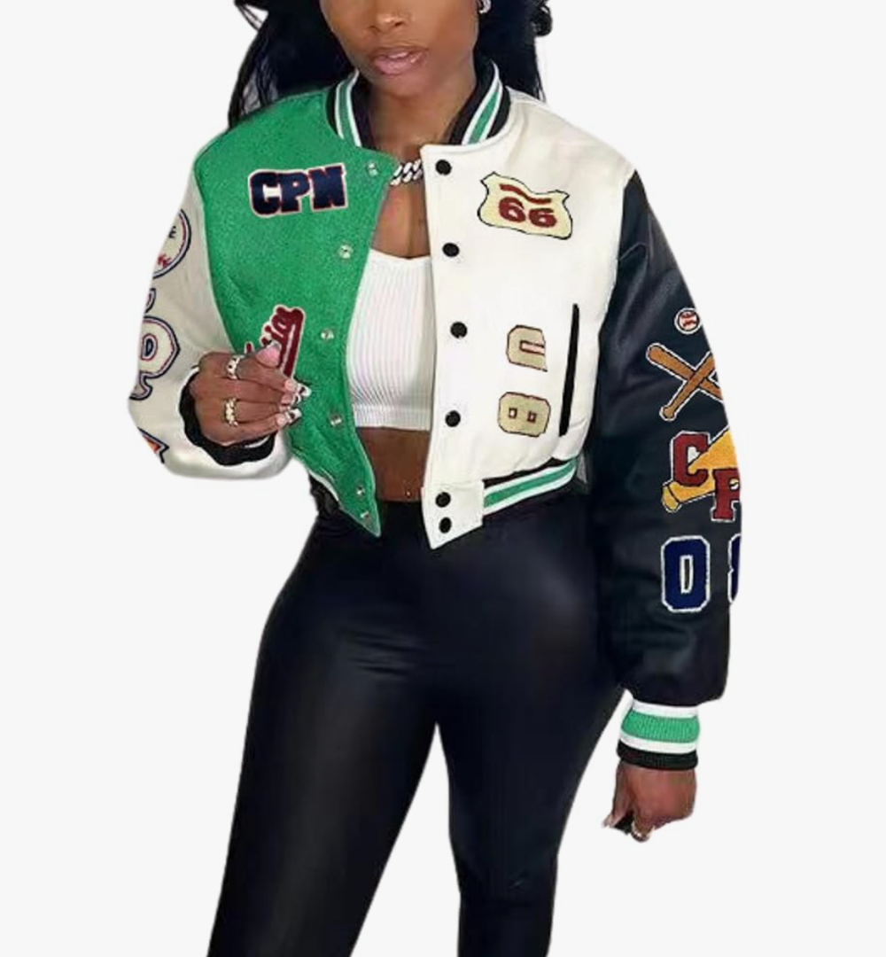 Glitrandi Varsity Jacket Women with Patches Print Cropped Bomber Leather Jacket Women 2025 M