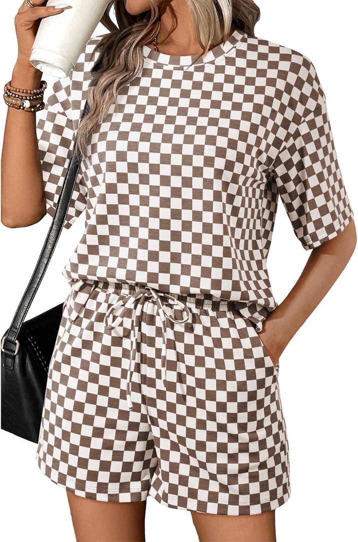 SHEWIN Women's Plaid 2 Piece Short Sets 2026 Lounge Beach Travel Vacation Outfits Matching Shorts Sweatsuit with Pockets (M)
