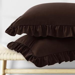 KKJIAF Ruffle Pillow Cases Standard Size Set of 2, Ruffled Pillow Covers with Envelope Closure, Wrinkle Resistant Ruffled Pillow Shams 20" x 26", Brown