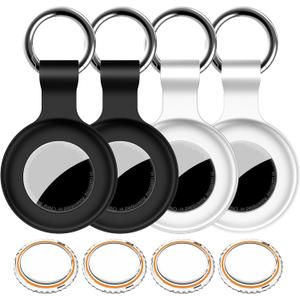 4Pack,for Apple Airtag Holder Case with Keychain,IPX8 Waterproof,Shockproof GPS Air Tag Tracker Cover [Anti-Scratch] [PC+Silicone] for Item Finders Case for Pets,Kids,Luggages-White+White+Black+Black