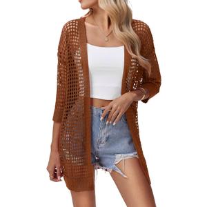 Zeagoo Women's 2025 Summer Crochet Lightweight Cardigan Short Sleeve Boho Kimono Oversized Open Front Sweater Tops (Large, Caramel)
