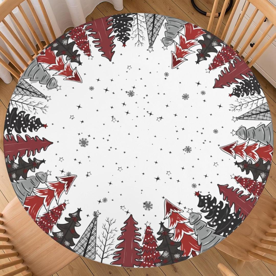 Christmas Tree Round Fitted Tablecloth Best for 40"-44" Xmas Black White Table Cloth Elastic Edge Round Water-Resistant Washable Snowflakes Table Cover for Party Picnic Camping Outdoor Indoor Decor