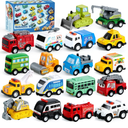 JOYIN 18 Pcs Pull Back City Cars and Trucks Toy Vehicles Set, Friction Powered Cars Toys for Toddlers, Boys, Girls’ Educational Play, Kids Stocking Stuffers, Easter Basket Stuffers