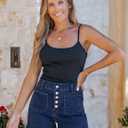 luvamia Jean Shorts Womens High Waisted Trendy Button Fly Patch Pocket Side Split Casual Summer Stretchy Denim Shorts (Blue)