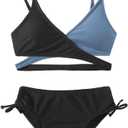 MIENOE Teen Girls' Swimsuits Two-Piece V-Neck Bikini Adjustable Shoulder Straps Swimsuit Kids Bikini with Chest Pad, Black/Grey Blue -️︎ Cross Style,  XXL