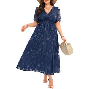 Women Plus Size Summer Dress - Easter Spring Floral Wedding Guest Maxi Long Dress (Navy Blue, 18Plus)