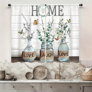 Eucalyptus Green Leaves Kitchen Curtain 26W X 36L Inch 2 Panels Rod Pocket Farmhouse Country Vintage Retro Rustic Wooden Small Short Cafe Tier Curtain Plant Window Drapes Treatment Bathroom Home Decor