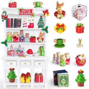 BEIREG Dollhouse Miniatures Accessories 1/12 Scale, 34pcs White Wooden Bookshelf Furniture Kit  Mini Books&Gift Boxes, Candy Jars, Christmas Tree&hat, Dollhouse Christmas Decorations for Kids