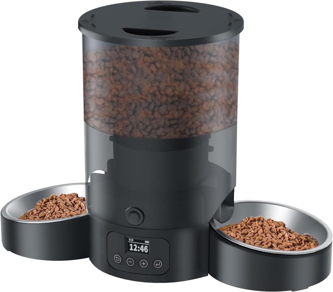 Automatic Cat Feeder for 2 Cats, 3L Food Dispenser SURDY Auto Cat Feeder with 2 Stainless Bowls, 10s Meal Call Dual Power Supply and Timer Setting 12 Portions 6 Meals Per Day for Cats and Dogs (Black)