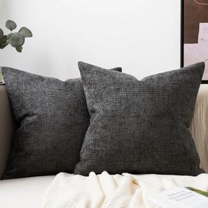 Set of 2 Chenille Linen Decorative Throw Pillow Covers 20x20 Inch Textured Farmhouse Pillow Covers for Bed Couch Sofa Living Room Rustic Cushion Cases, Dark Grey (20" x 20" (Pack of 2))