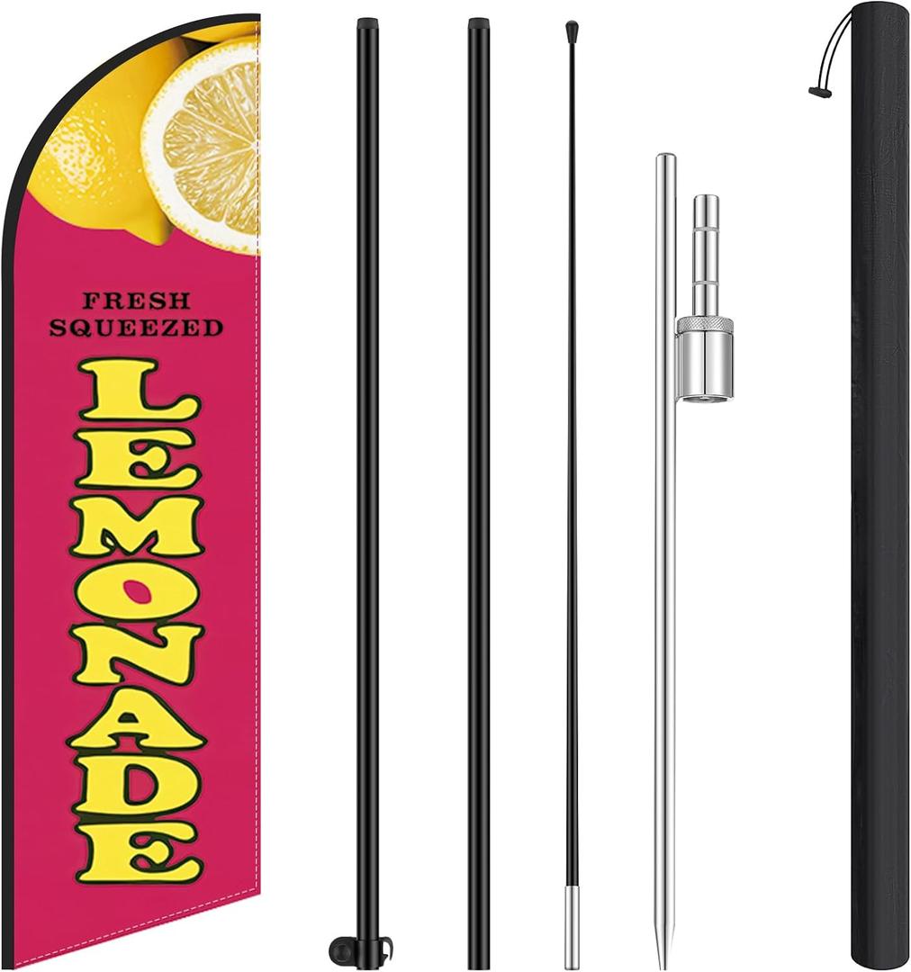HunnmingRe 11.2 ft Cute Lemonade Feather Flag with Pole - Windless Flag Banner with Ground Stake Outdoor Advertising Banner for Business(1 Pcs, Pink)
