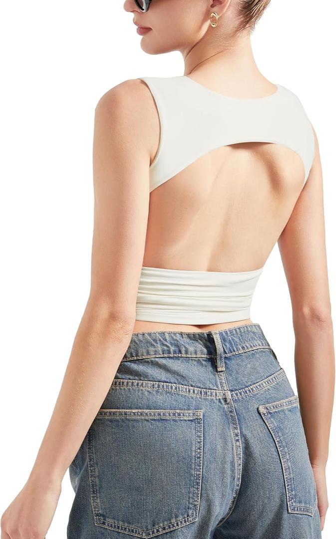 SUUKSESS Women Sexy Backless Tank Top Going Out Double Lined Y2k Basic Crop Tops (Medium, 01 Cream White)