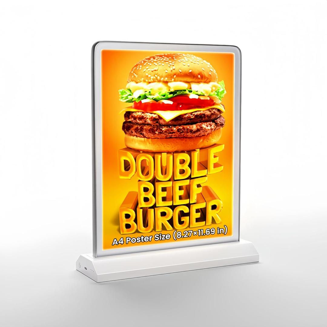 A4 Size Tabletop LED Sign Holder, Brightness Adjustable Desktop Advertising Light Box, Charged via USB, Durable Light up Menu Holder for Restaurants, Bars, Hotels, Stores, Offices, Wedding (1 PACK)