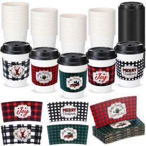 Yungyan 50 Pack 12 oz Christmas Disposable Coffee Cups with Lids and Sleeves Paper Hot Chocolate Cups Cocoa Bar Supplies for Hot Beverage, Tea, Home, Office, Xmas Party, Holiday (Plaid Style)