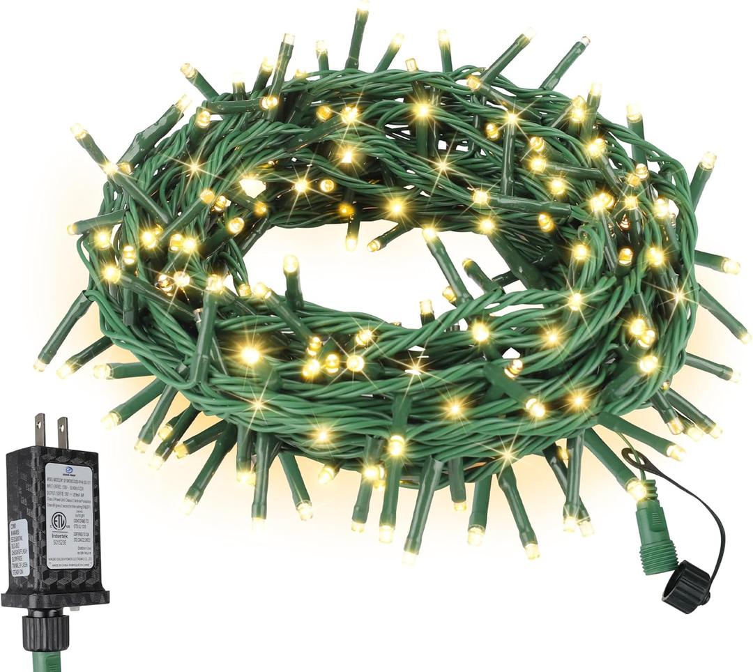Twinkle Christmas Lights 33ft 100 LED 8 Modes with Timer, Connectable Xmas Tree Mini Lights for Indoor Outdoor Home Party Patio Garden Holiday Warm White (Warm White Glass Green Wire)