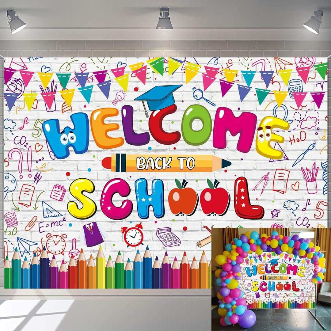 Welcome Back to School Backdrop First Day of Kindergarten Graffiti Wall Photography Background Welcome Kids Students Back to School Party Decorations (7x5FT210x150cm)