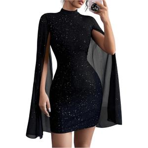 SOLY HUX Women's Sparkly Glitter Bodycon Mini Dress Sequin Long Bell Sleeve Mock Neck Prom Cocktail Party Dresses (Large, Pure Black)