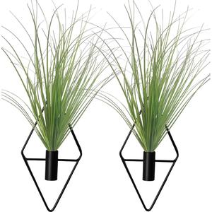 Hanging Planters with Artificial Plants, 2pcs Diamond Shape Metal Hanging Vase with Artificial Shrubs Wheat Grass Greenery Indoor Plants Holder Wall Decor for Home Living Room Bedroom Office (Black)