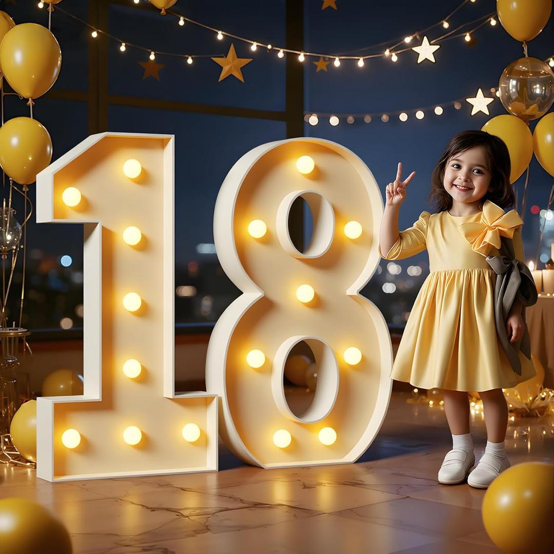 Marquee Numbers 3 Feet Tall Large Light Up Numbers 18th Birthday Decorations Big Yellow Light Outdoor Anniversary Decorations Balloon Arch Kit Party Backdrop 18