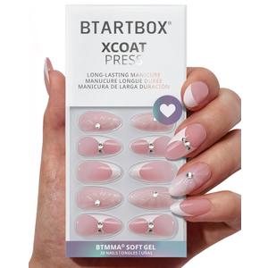BTArtbox French Tip Press On Nails - Lamp-Curable 3D Medium Almond Press On Nails with Glue for Women, Semi-Transparent Soft Gel Glue On Nails in 15 Sizes - 30 Stick On Nails Kit, Prom Queen