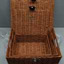 Set of 3 Woven Wicker Storage Basket Box with Lids & Lock, Built-in Carry Handles, Multifunctional Storage Organizer for Nursery, Baby, Clothes, Toys, Books, Large/Medium/Small Size (Natural)