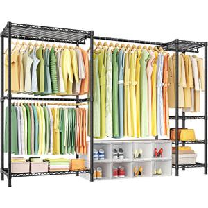 Ulif E10 Clothes Rack（With Stretchable Hanger Rod）Freestanding Clothing Racks for Hanging Clothes，Adjustable Closet Organizer System，Portable Garment Rack 73-97"W x 15" D x 72" H，Max Load 800LBS，Black