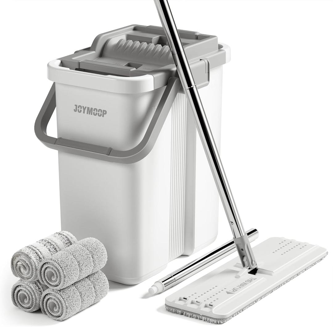 JOYMOOP Mop and Bucket with Wringer Set, Flat Squeeze Mop Flat Head, Dust Mops for Wall Cleaner with Long Handle, Hands-Free Microfiber Mops for Floor Cleaning - White (Large White Bucket #2 + 60" Flat Mop + 4 Pads)