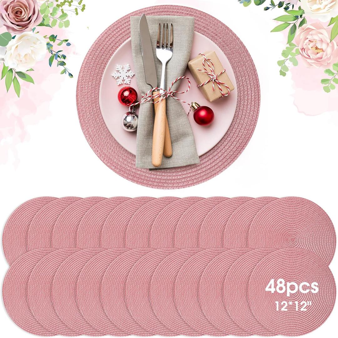 Buryeah 12 Inch Christmas Round Placemats Wedding Circle Woven Placemats Boho Decor Washable Dining Table Mats Tablescape Hosting Friends for Birthday Dinner Parties(Pink,48 Pieces)