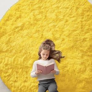 OLANLY Yellow Round Rugs for Bedroom - Machine Washable, 8 ft Circle Area Rugs for Living Room, Soft and Fluffy Shaggy Carpet for Teen Girl and Boys, Nursery Rooms, Dorms, Home Decor Aesthetic