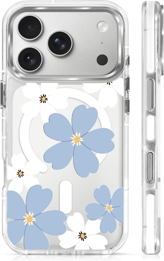 Magnetic Case for iPhone 17 Pro Design On Clear Base, Compatible with MagSafe, Slim Protective Soft TPU Bumper Phone Cover Women Girls Case-Cute Blue Flower Garden