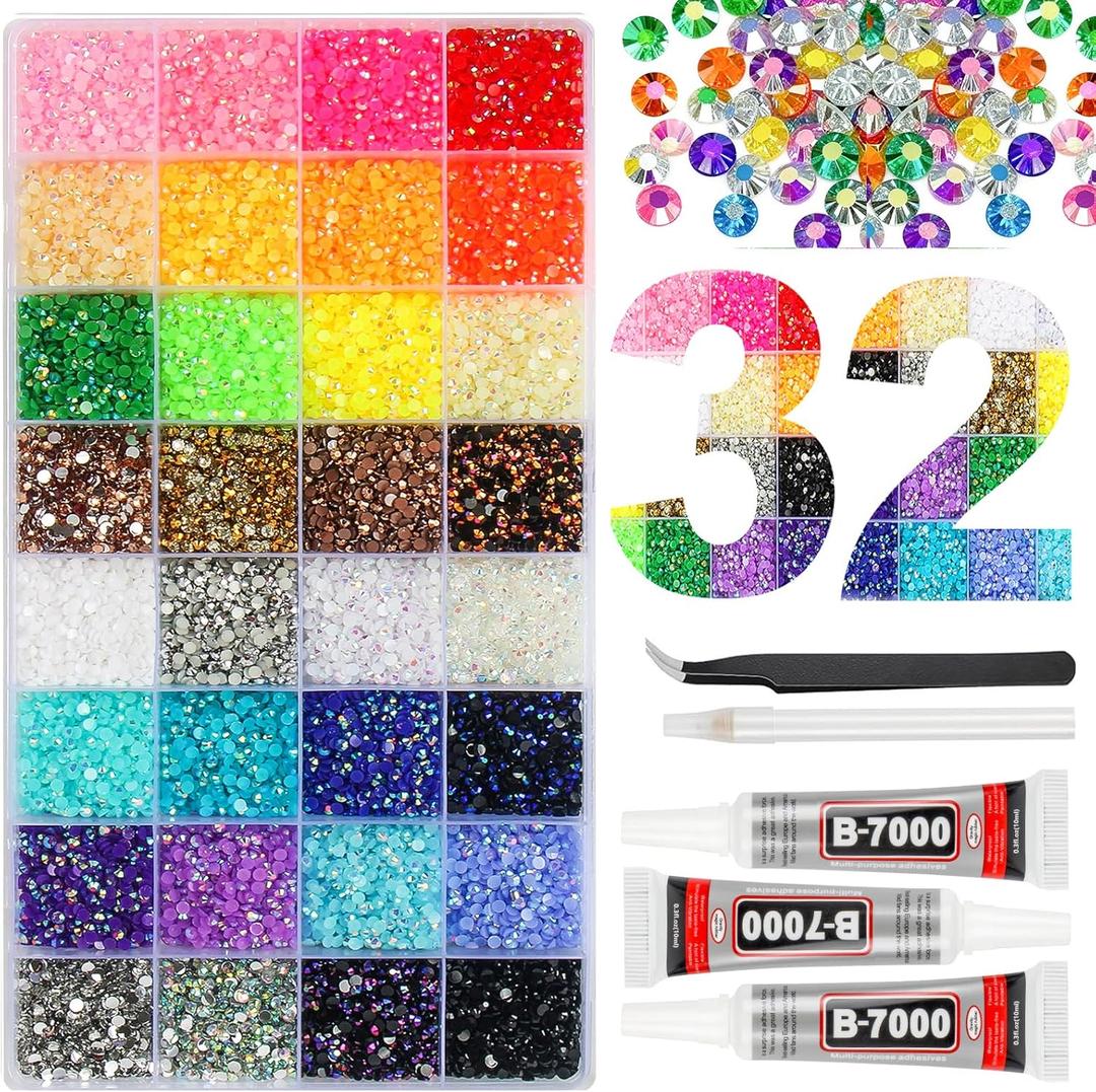 38000Pcs 32 Colors Resin Jelly Gems for Bedazzling, 3mm Flatback Rhinestones for Crafts, with 3 Bottles B7000 Glue for Clothes, Shoes, Nails, Jewelry Making