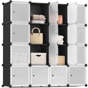 SONGMICS Cube Storage Organizer, Set of 16 Plastic Cubes, Closet Storage Shelves, DIY Plastic Closet Cabinet, Modular Bookcase, Shelving with Doors for Bedroom, Living Room, Black and White ULPC44HS