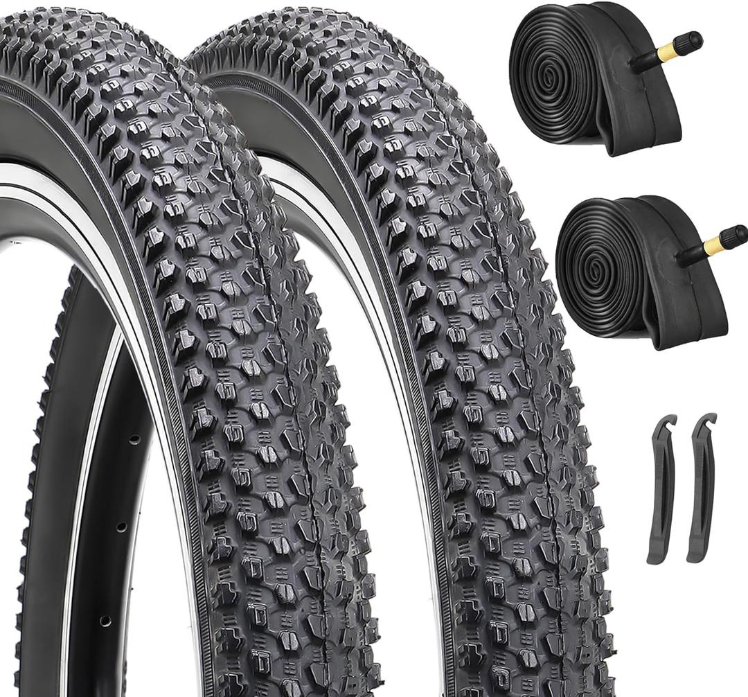 Hycline 2-Pack Mountain Bike Tires Set: 20/24/26/27.5-inch Folding Replacement Puncture-Resistant Bicycle Tires and Pair 20/24/26/27.5-inch Inner Tubes with Tire Levers for MTB Off-Road Bike