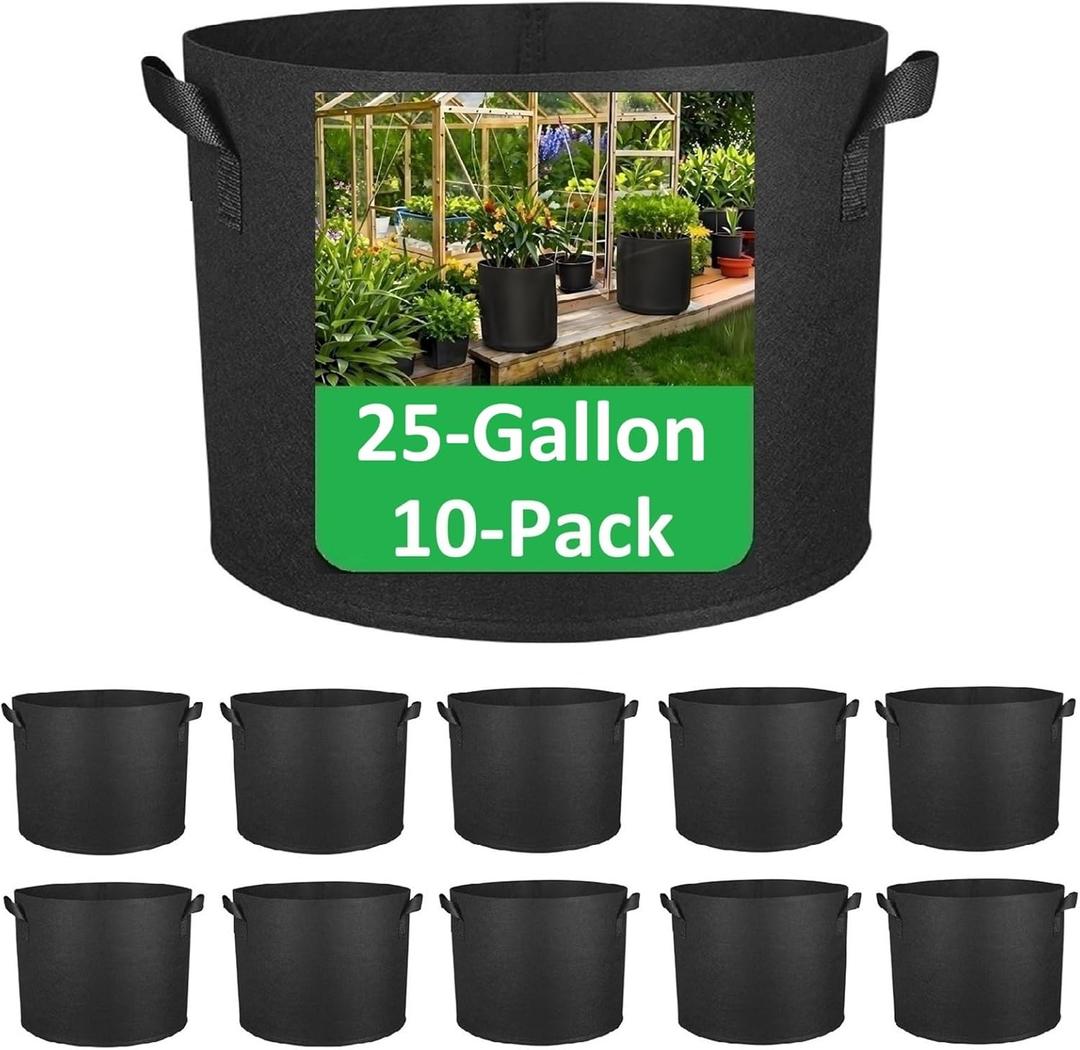 25-Gallon Grow Bags, (10 Pack) Thickened Aeration Fabric Growing Pots Planters with Handles for Planting Vegetables Plants, Black