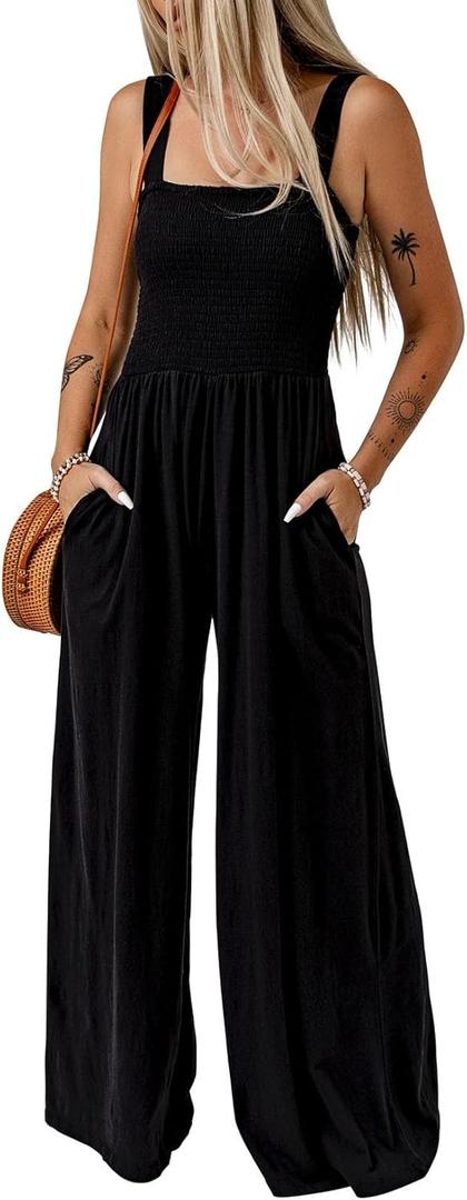 Dokotoo Women's Casual Loose Overalls Jumpsuits One Piece Sleeveless Wide Leg Long Pant Rompers With Pockets (Black), Small
