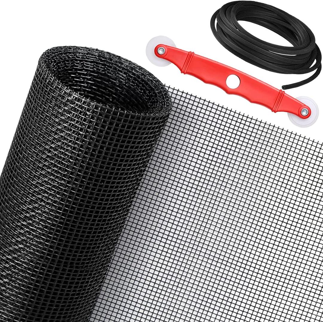 Window Screen Replacement Kit, 48'' x 118'' Fiberglass Screen Mesh with Rolling Tool and Screen Retainer Spline, DIY Adjustable Screen Door Mesh for Window, Door and Patio, Black