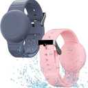 Waterproof Bracelet Compatible with Airtag Case for Kids(2 Pack), Soft Silicone Hidden Wristband, Lightweight GPS Tracker Compatible with Apple Air Tag Watch Band for Child (Grey Blue & Pink)