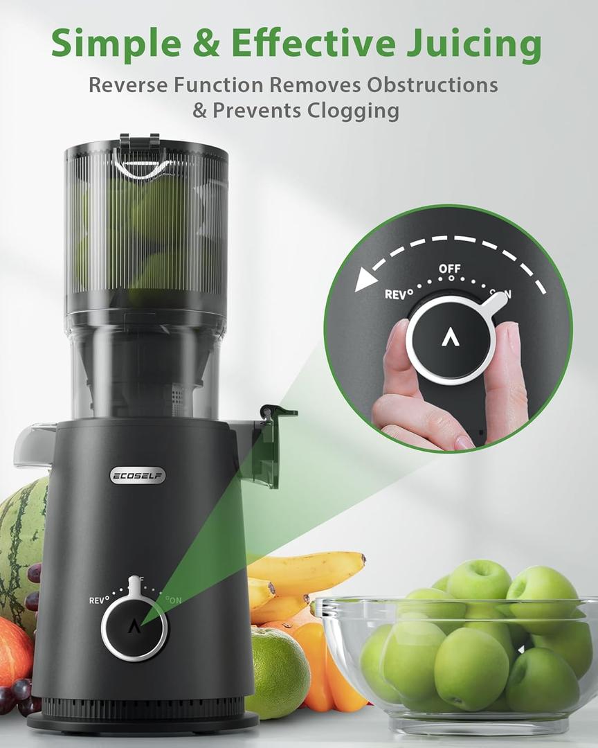 Juicer Machines, ECOSELF Large Feed Chute for Family Needs, Professional Hands Free Cold Press Juicer For Whole Fruits & Vegetables, Self Feeding for Juice Extractor Machine, Easy to Clean (Carbon Black)