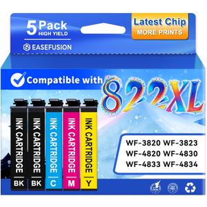 Latest Chip Remanufactured Ink Cartridges Replacement for Epson 822XL 822 XL Ink Cartridges Combo Pack High Capacity Ink Works with Workforce Pro WF-3820, WF-3823, WF-4820, WF-4830, WF-4833, WF-4834