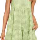 Wenrine Womens Summer Plaid Mini Dress Casual Spaghetti Strap Sleeveless A Line Beach Sundress with Pockets (Small, Green)