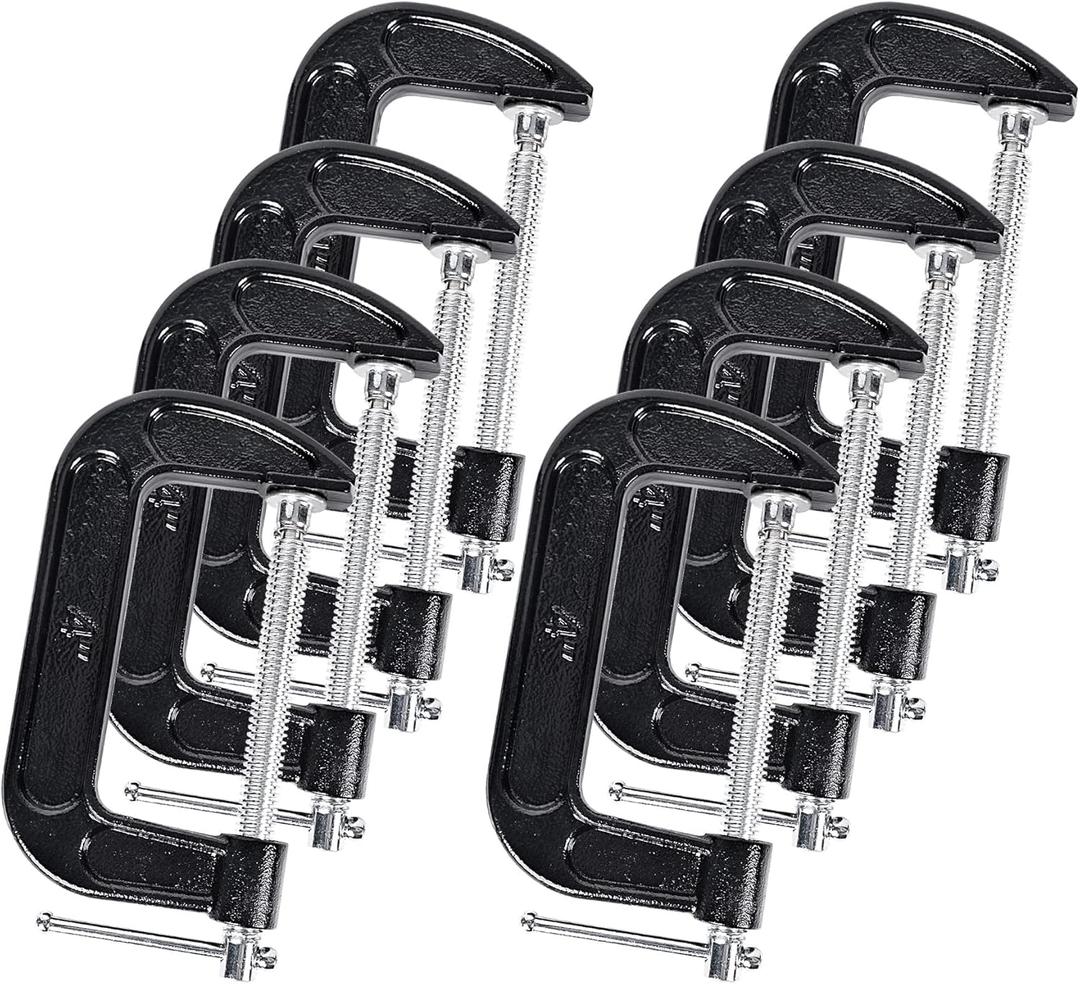 8 Pcs C Clamp 4 Inch Heavy Duty Steel C Clamp Set Cast Iron Frame Sliding T-Handle More Stability Massive Clamps for Woodworking, Welding, Building, Automotive Applications (Black)
