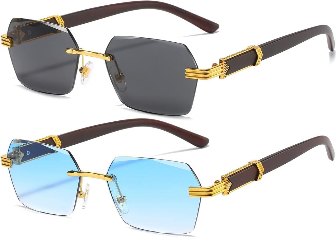 AIEYEZO Retro Rimless Sunglasses Rectangle Unisex Vintage Frameless Sun Glasses Fashion Square Tinted Glasses (2 Pack (Gold/Grey + Gold/Blue Gradient))