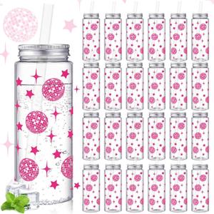 Reallnaive 24 Pcs Pink Disco Ball Cups Plastic Disco Ball Cups Bulk 14.2 oz Reusable Party Tumblers with Straws and Lids for Wedding Bridal Shower Cowgirl Birthday 70s 80s 90s Supplies