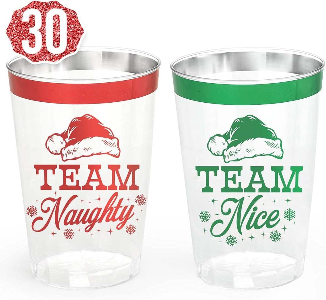 xo, Fetti Christmas Decorations Cups - 30 count, 12 oz | Team Naughty or Nice, Christmas Eve Disposable Drinkwear, Clear Plastic Cocktail Tumbler with Foil