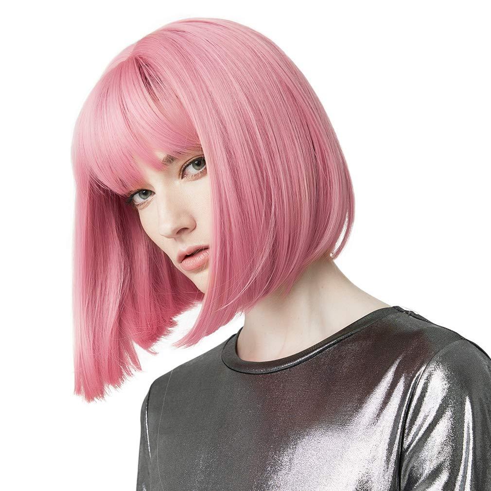 REECHO 11" Short Bob Wig with bangs Cosplay Synthetic Hair for White Black Women Color: Princess Pink
