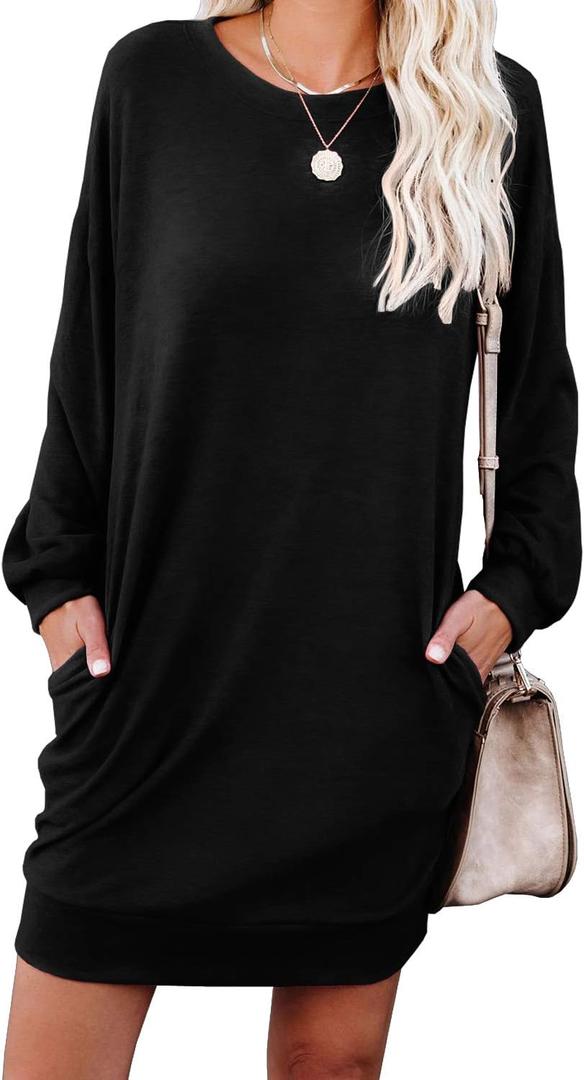 PrinStory Women's Long Sleeves Dresses Causal Loose Round-Neck Tuinc Tops Basic Dress with Side Pockets (Large, A01 Black)